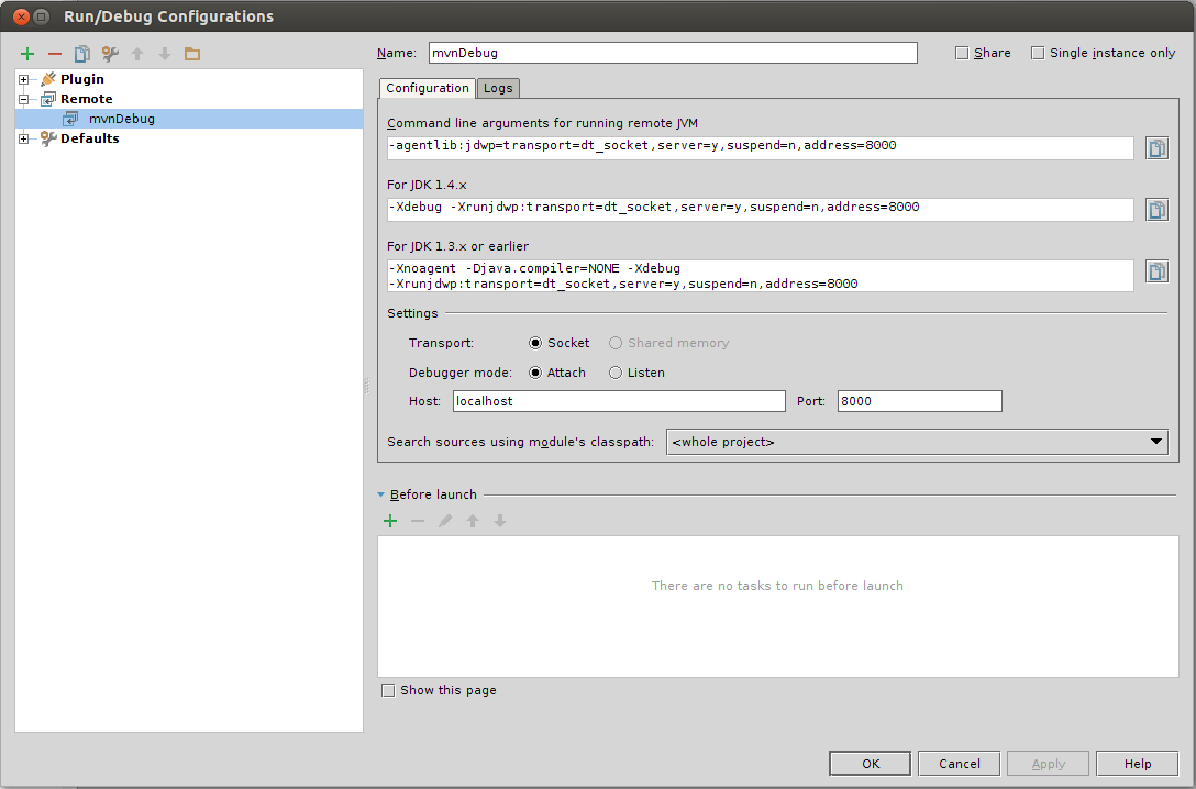 screenshot creating a new remove configuration mvnDebug