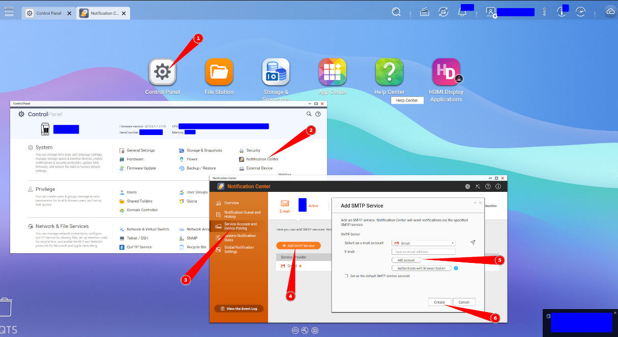 clicks in QTS UI to create email account