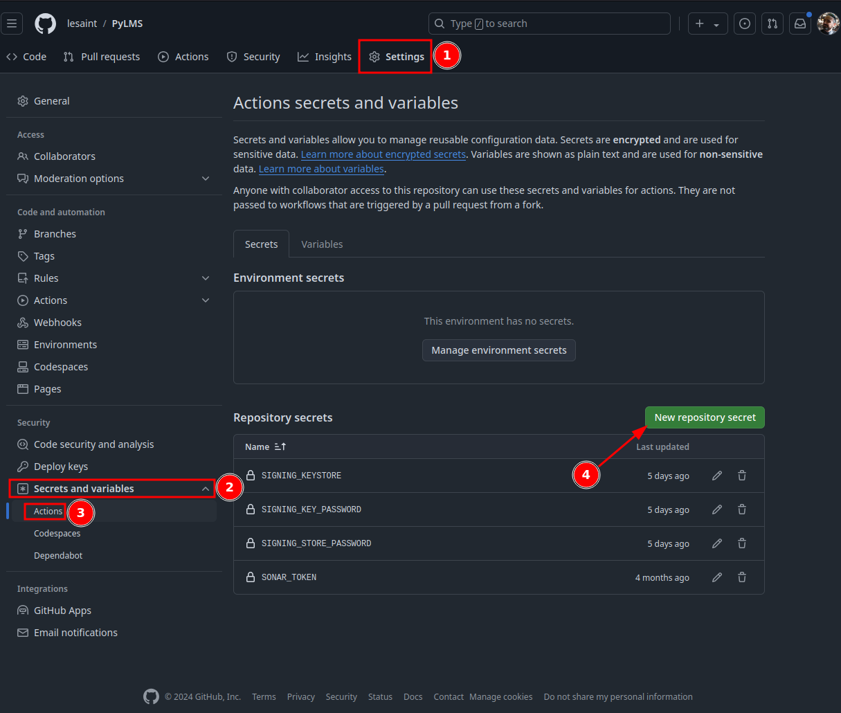 screenshot Create New Repository secret on GitHub