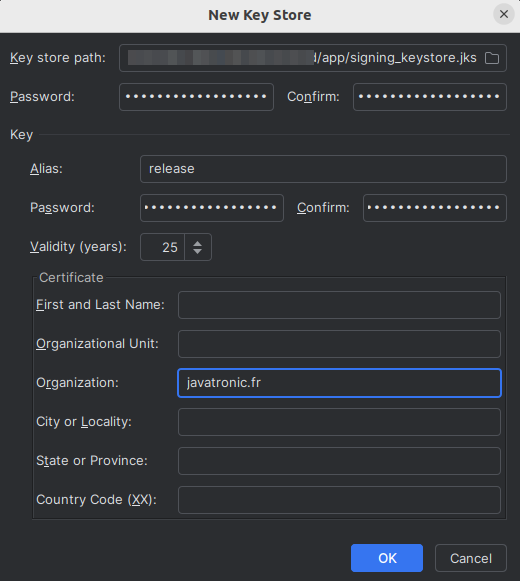 screenshot Input keystore and key details